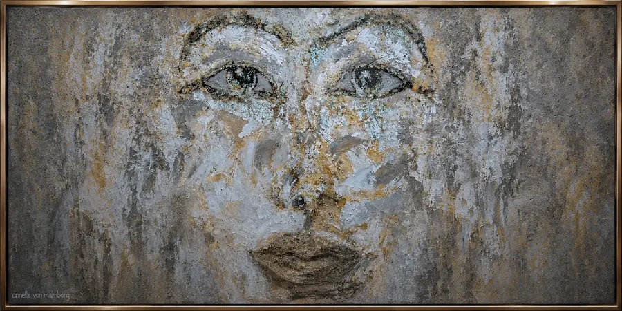 AvM001, oil on linen canvas: she looks out and slightly past you, brows drawn in two dark strokes over eyes ringed with black and green.