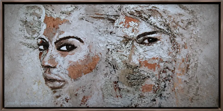 AvM006, oil on linen canvas: two faces on one wide canvas.